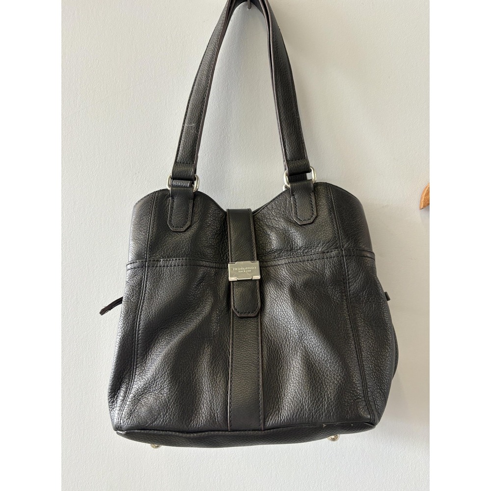 Tignanello Shoulder Bag Womens Medium Black Leather Zip Top Brown Lining Pockets
